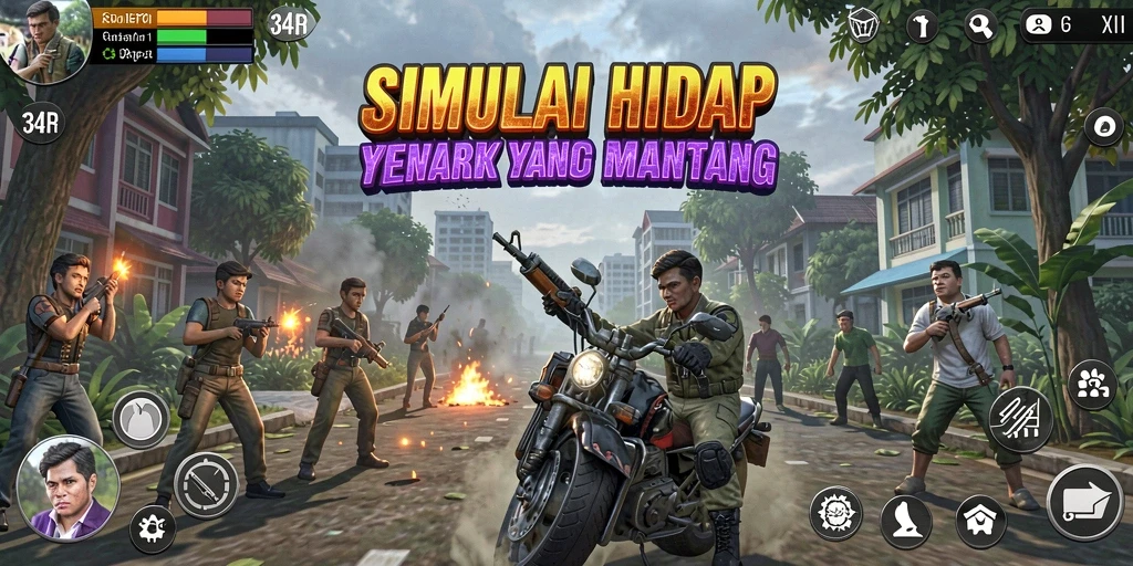 Screenshot utama 34R menampilkan gameplay menarik dan beragam aktivitas.