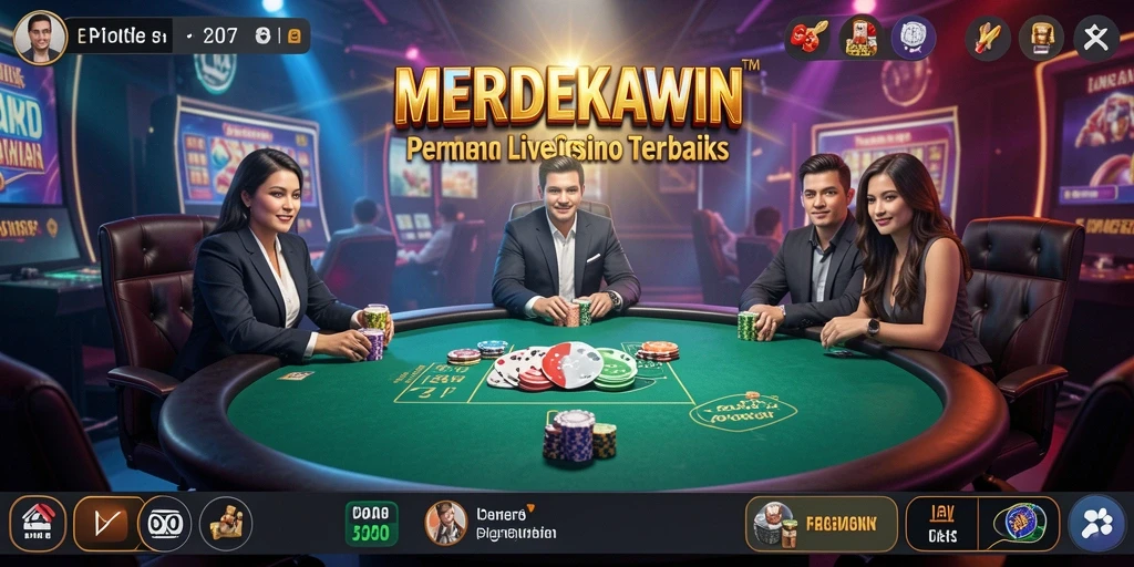 Screenshot gameplay MERDEKAWIN menunjukkan dealer langsung dan permainan yang menarik.