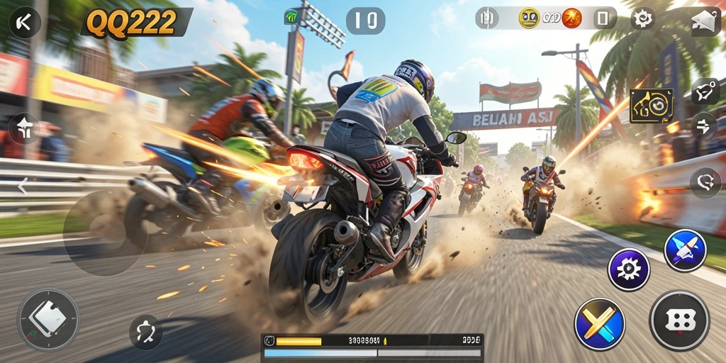 Tampilan gameplay QQ222 yang mendebarkan dalam balapan motor.