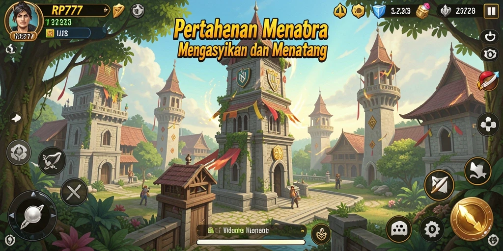 Screenshot utama RP777 menampilkan aksi pertahanan menara yang seru.