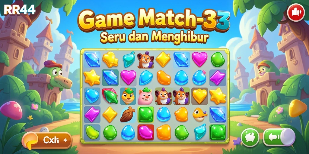 Tampilan seru gameplay Match-3 di RR44, penuh warna dan tantangan.