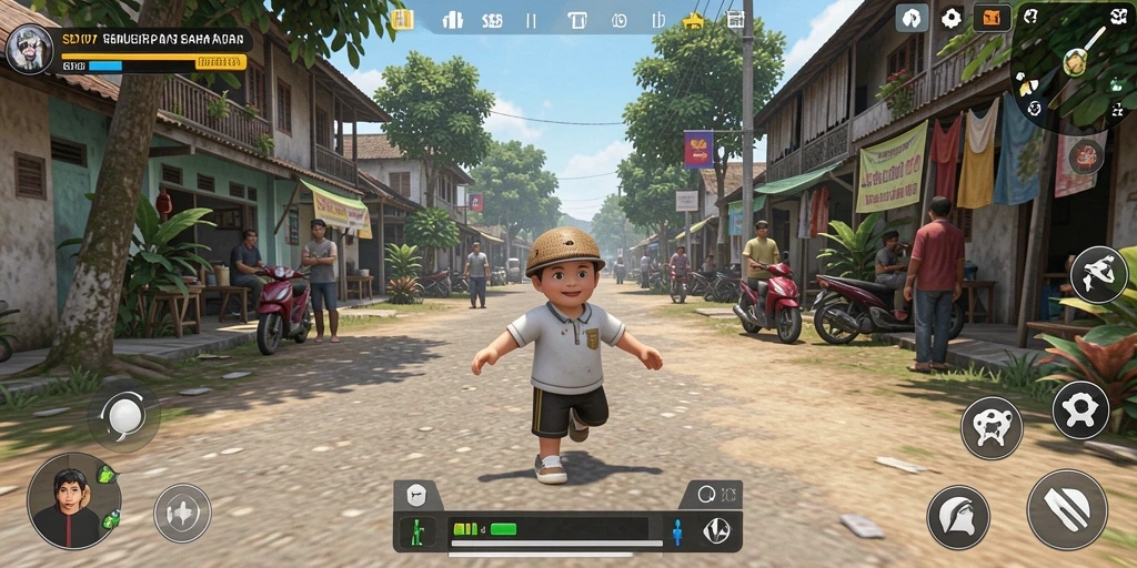 Screenshot utama SD107 menunjukkan gameplay yang seru dan interaktif dalam simulasi kehidupan.