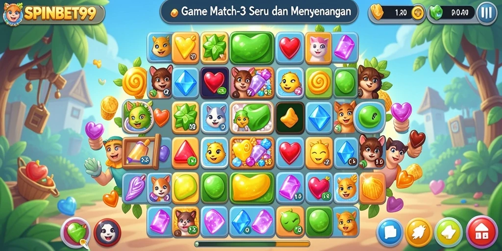 Tangkapan layar SPINBET99 menunjukkan gameplay yang seru dalam mencocokkan item.