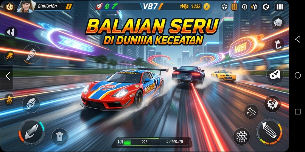Gameplay seru V87 dengan mobil balap yang cepat dan trek menantang.
